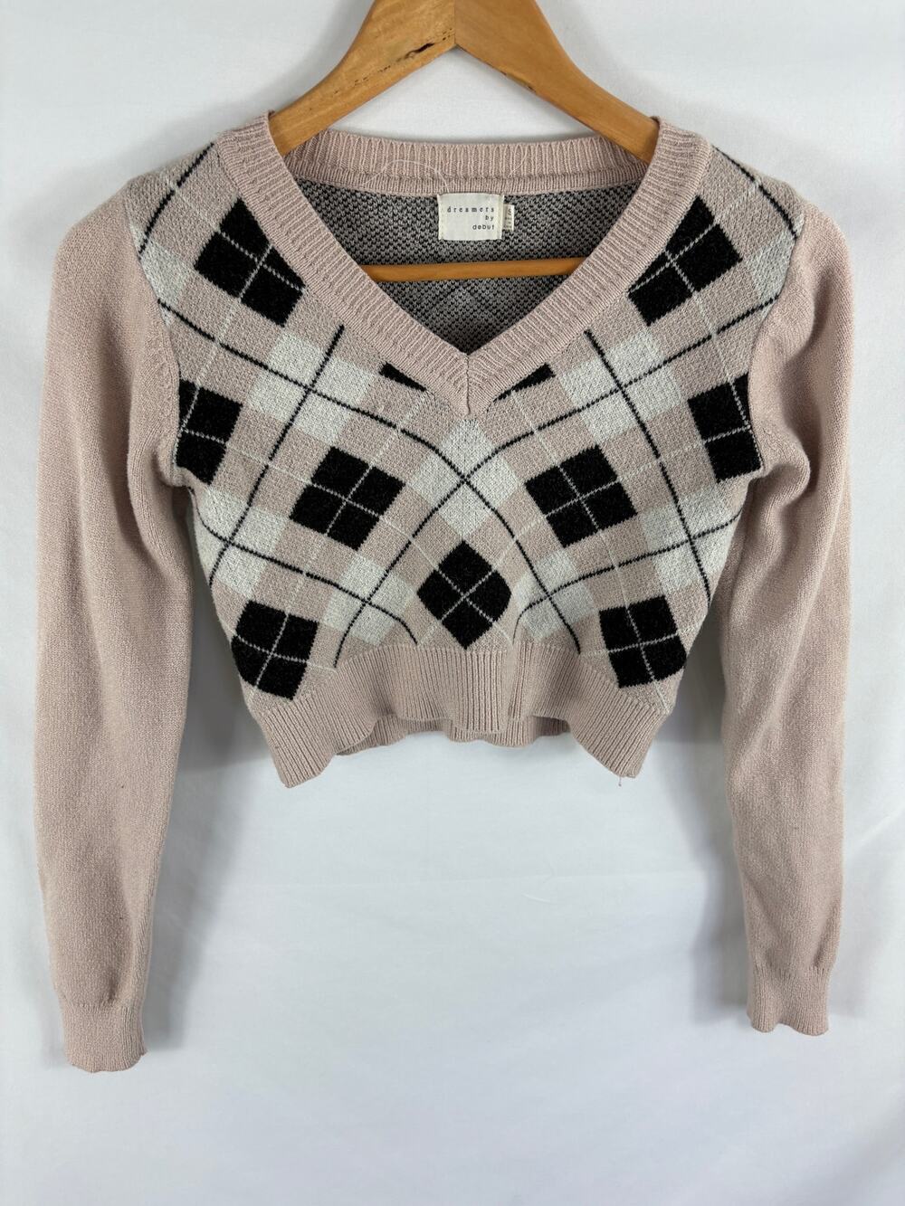 Dreamers by Debut Cropped Knit V Neck Plaid Sweater Size Small